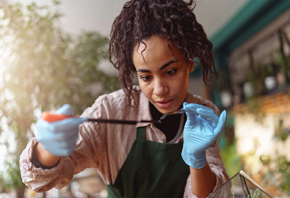 a woman florist making a succulent plant composition