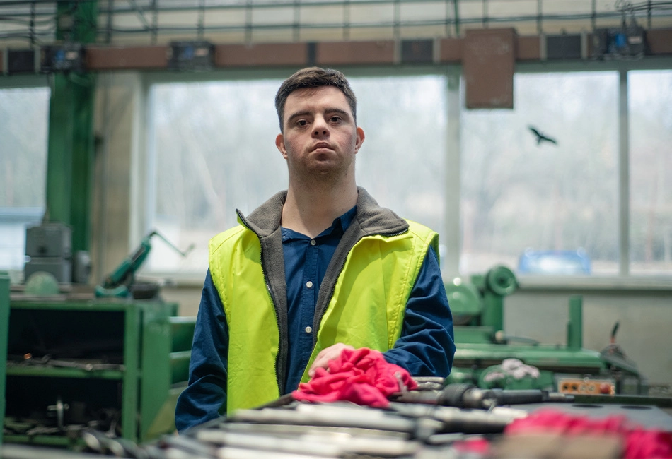 a young man with down syndrome in a high vis jacket